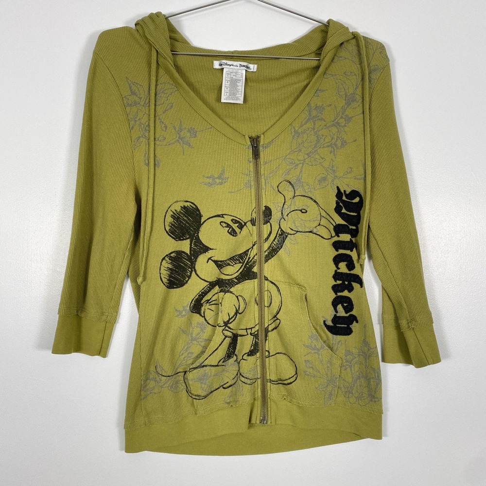 Disney Mickey Mouse Hoodie Womens Large Green Zip‎ Up Waffle Knit Park Sweater